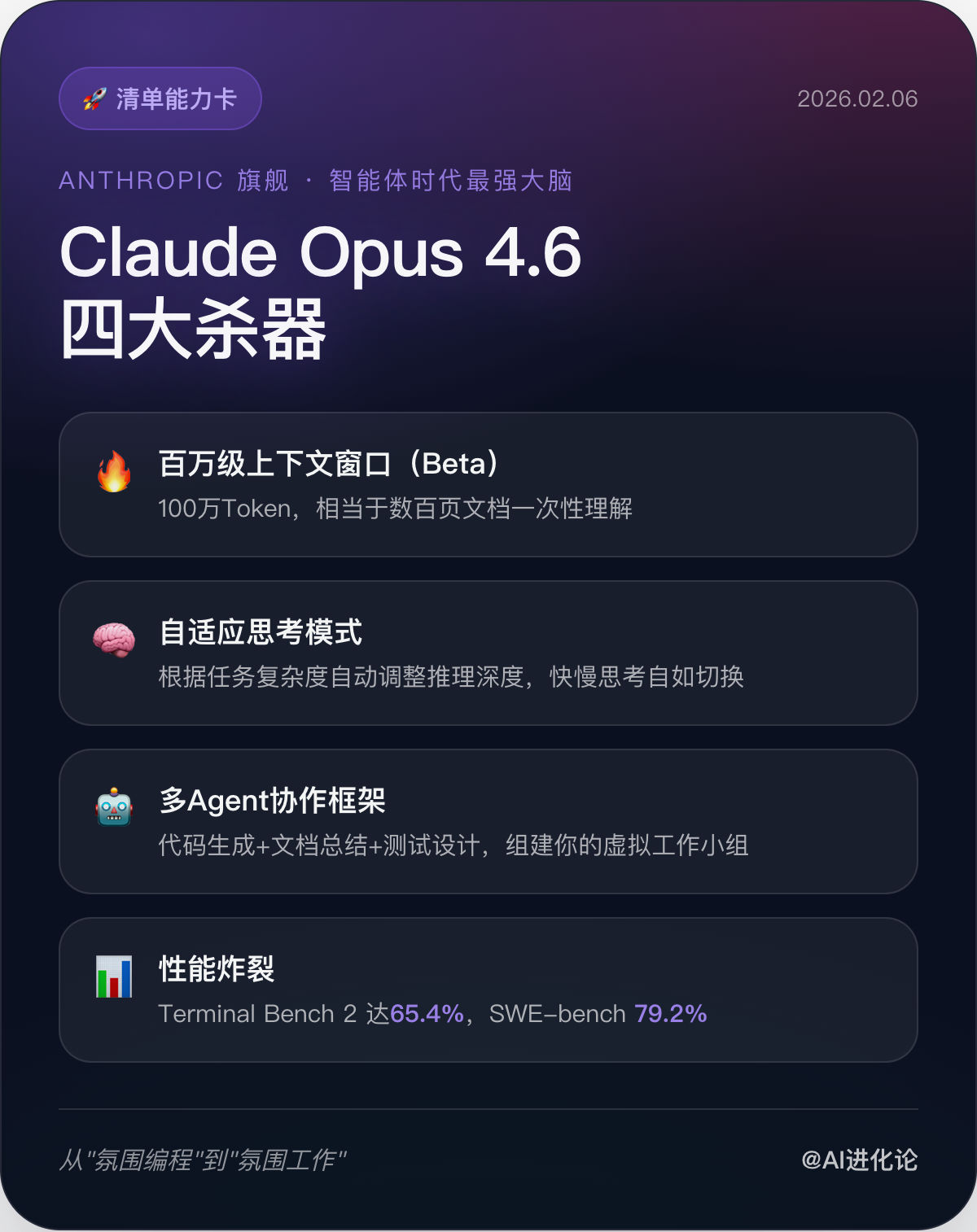 Claude Opus 4.6四大杀器能力卡：百万上下文、自适应思考、多Agent协作、性能炸裂